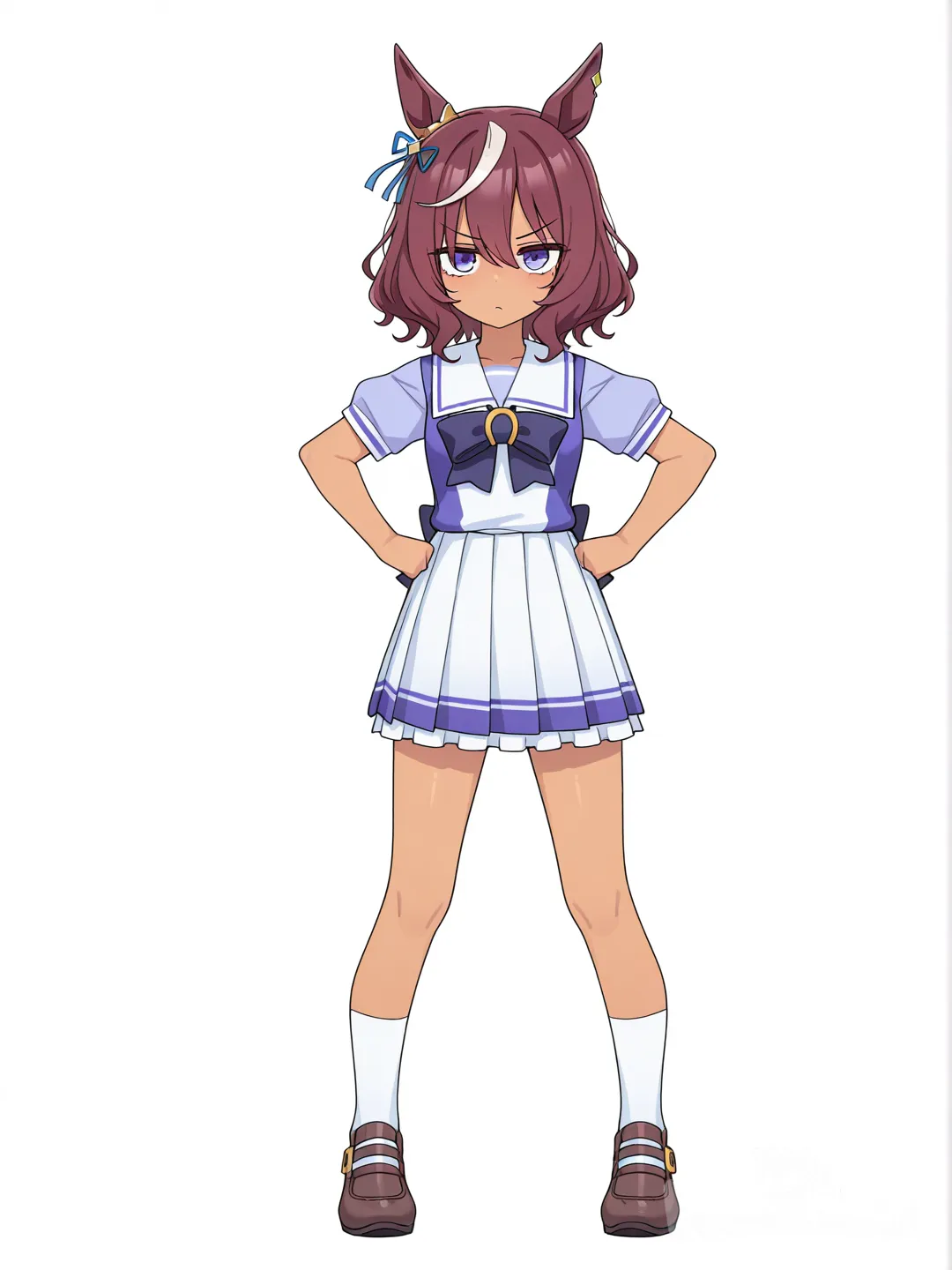 [toon-shaded-style] 1girl, umamusume, teenager, petite, tall, white hair, maroon hair, wavy hair, blue eyes, purple eyes, tan skin, umamusume uniform, single character, full body, looking at viewer, anime style, simple background, white background