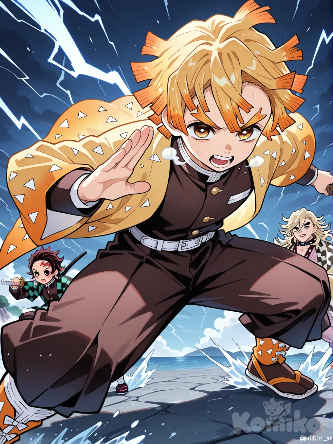 kamado tanjirou, com zenitsu lutando com o douma