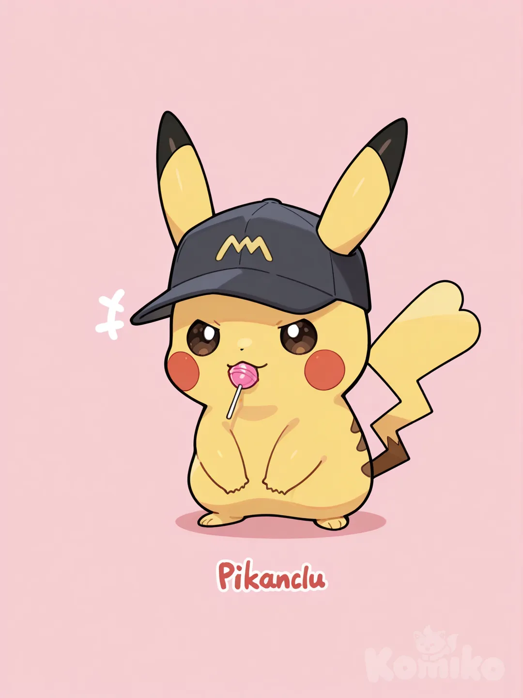 Faz o pikachu com um pirulito na boca e um bone na cabeça