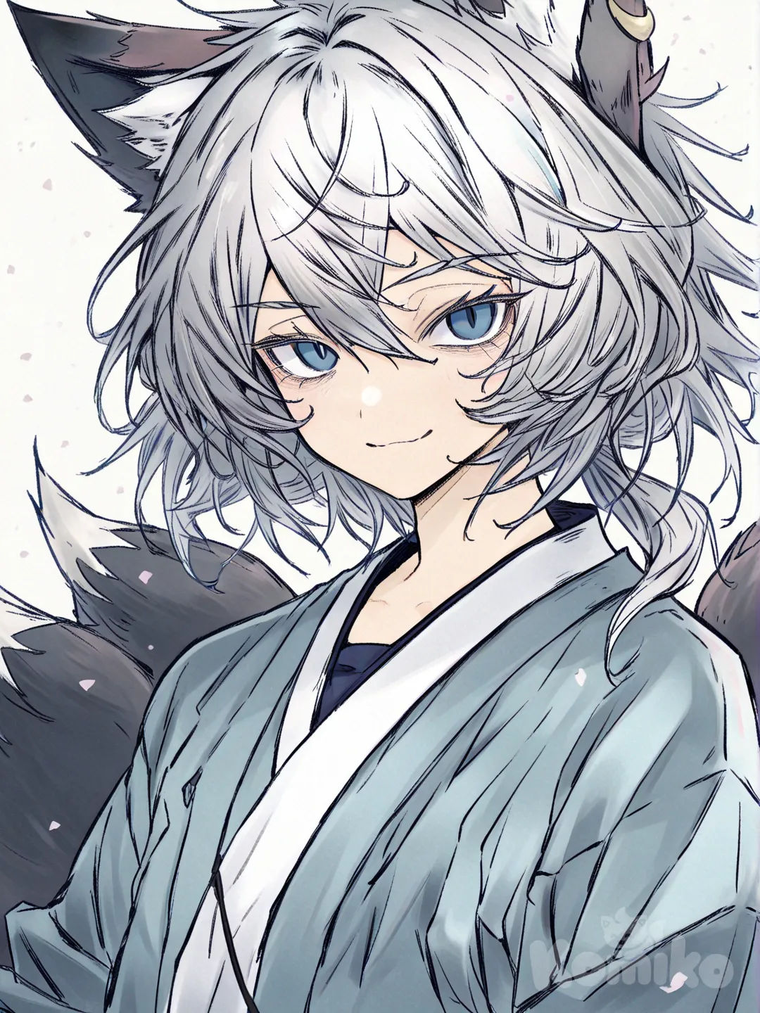 Парень Кицунэ, только два лисьих хвоста, пепельные волосы с серыми полосами, лисьи уши, голубые лисьи глаза, синее кимоно, мудрый взгляд, смиренная улыбка, upper body, [soft-wash-sketch-style]
