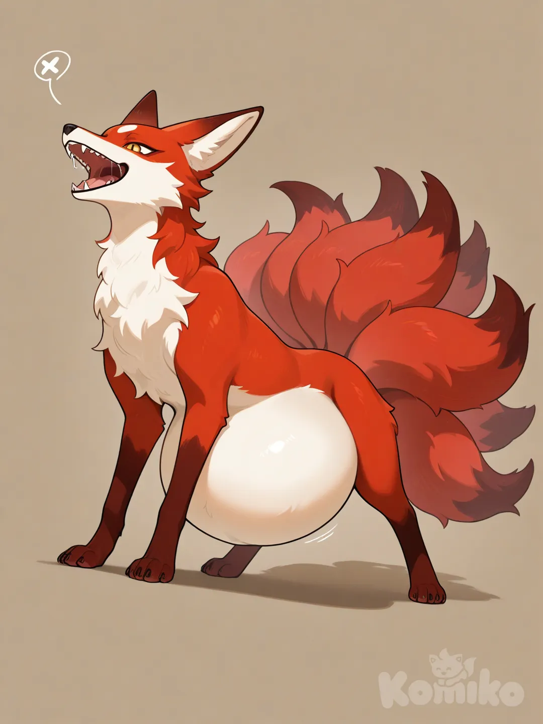 A teenage female 9 tailed white and red kitsune on four legs with its mouth wide open and has a softvore round belly