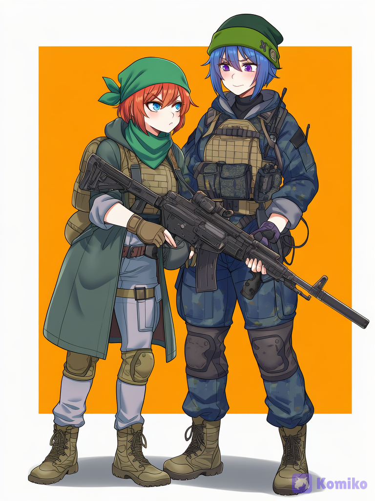 @helga-o70x, 2girls, @koro-8R9l, @indira-S9aP, rim light, holding gun