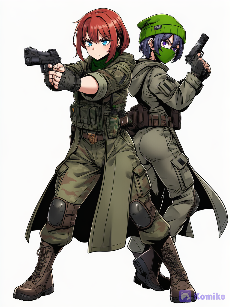 [action-manga-style], @helga-o70x, @koro-8R9l, @indira-S9aP, back to back, holding gun