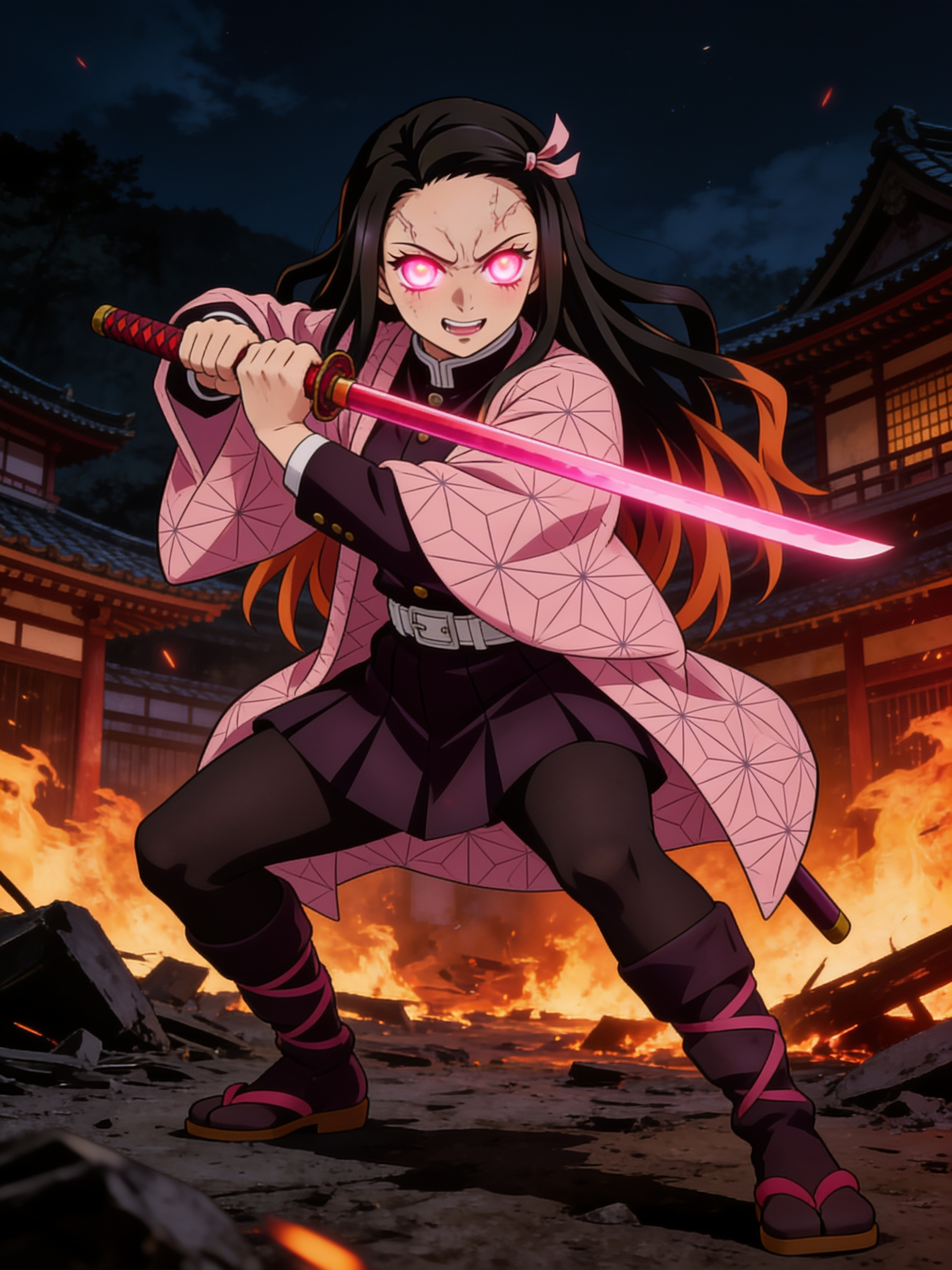 @nezuko-kamado-au-ju14, Taisho-era Japan, demon slayer headquarters destruction, Nezuko, with glowing pink demonic eyes filled with hate, stands rigid, veins bulging on her forehead and hands as she grips her reddish-pink nichirin sword. Nezuko angry, clenched hand, fighting stance, night, fire