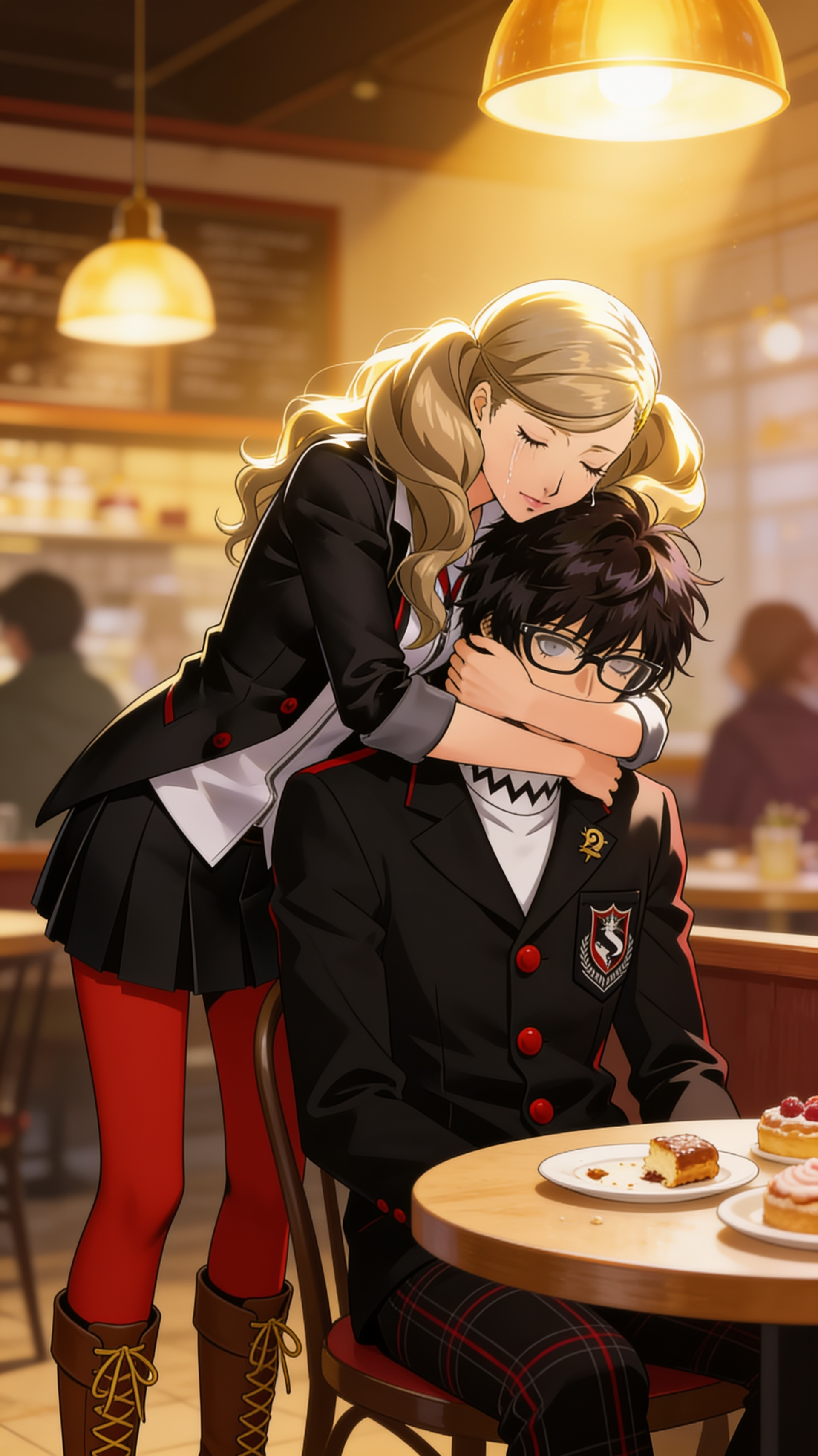 @ann-takamaki-panther-caPQ @ren-amamiya-joker-aa1L In a warmly lit, cozy dessert café, a girl with long dark hair stands leaning over a seated boy, her arms wrapped tightly around his neck, pulling his head against her chest in a fiercely protective embrace. Soft golden light from overhead pendant lamps spills across their intertwined figures, casting gentle highlights on her tear-streaked cheeks and his messy dark hair. Other patrons blur into the background, their forms hazy and indistinct. Her eyes are closed, expression a mixture of raw determination and tenderness, while the boy's shoulders are relaxed, his face hidden against her. The table before them holds forgotten plates of half-eaten pastries, the intimate moment suspended in a bubble of quiet solace amid the muted café murmur.