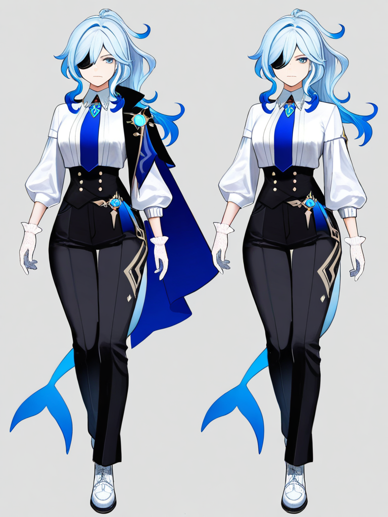 1boy, long hair, ponytail, wavy hair, light blue hair, dark blue hair tips, two white hair strands, sidelocks, blue eyes, markings under left eye, three blue diamond markings, black eyepatch, hair over eyepatch, fair skin, mature male, tall, curvy, stern expression, blue cape, asymmetrical cape, one shoulder cape, white sleeves, silky sleeves, lace gloves, black pants, white stripes on pants, short white shoes, dolphin tail, genshin impact style, single character, full body, looking at viewer, simple background, white background