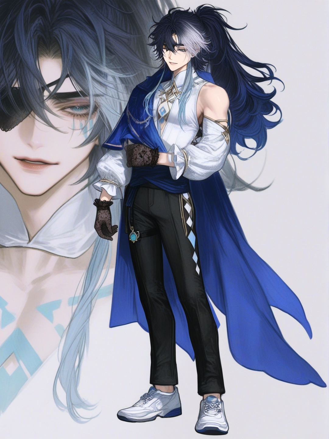 [semi-realistic-portrait-style] 1boy, long hair, ponytail, wavy hair, light blue hair, dark blue hair tips, two white hair strands, sidelocks, blue eyes, markings under left eye, three blue diamond markings, black eyepatch, hair over eyepatch, fair skin, mature male, tall, curvy, stern expression, blue cape, asymmetrical cape, one shoulder cape, white sleeves, silky sleeves, lace gloves, black pants, white stripes on pants, short white shoes, dolphin tail, genshin impact style, single character, full body, looking at viewer, simple background, white background