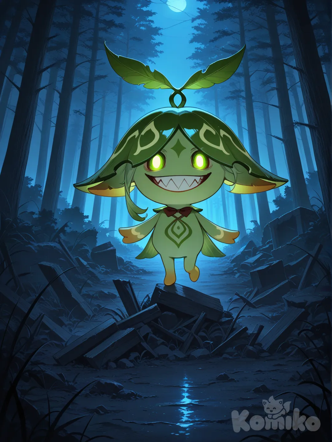 @Aranara_(Genshin_Impact) Horror-style aranara, scary face, creepy background