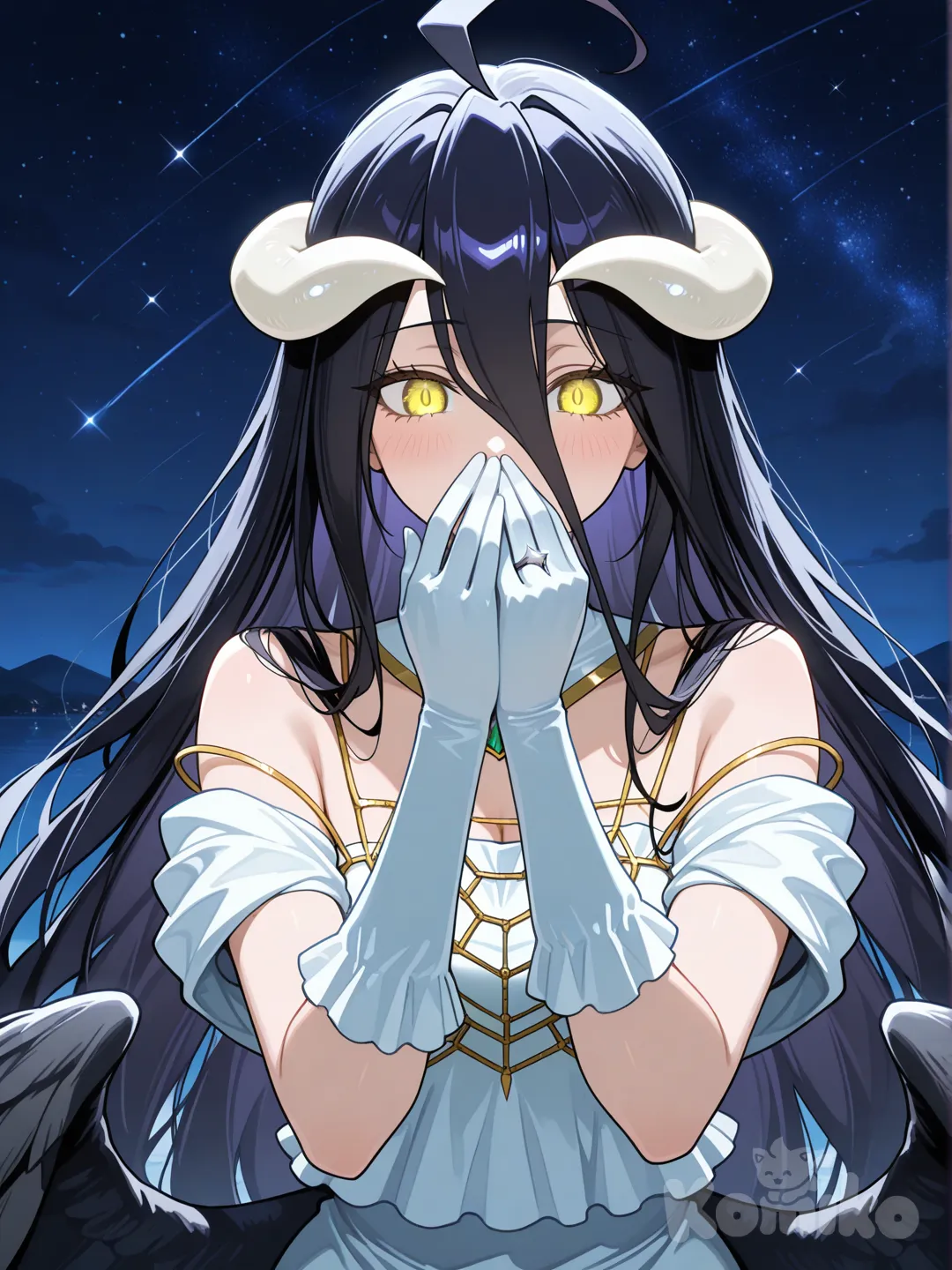albedo (overlord), her black hair cascades down her back, her body turned towards the viewer as albedo reaches out with one hand to showcase a diamond ring on her wedding finger, her face gleams with excitement as her other hand that does not have any rings on it covers her mouth in awe, her head turned facing away from the viewer while her big yellow eyes, glowing with exitement, remain focused towards her outstretched hand on a starry night. She is wearing her usual white dress and gloves. The image is focused on upper body from the waist up, [glossy-anime-style]