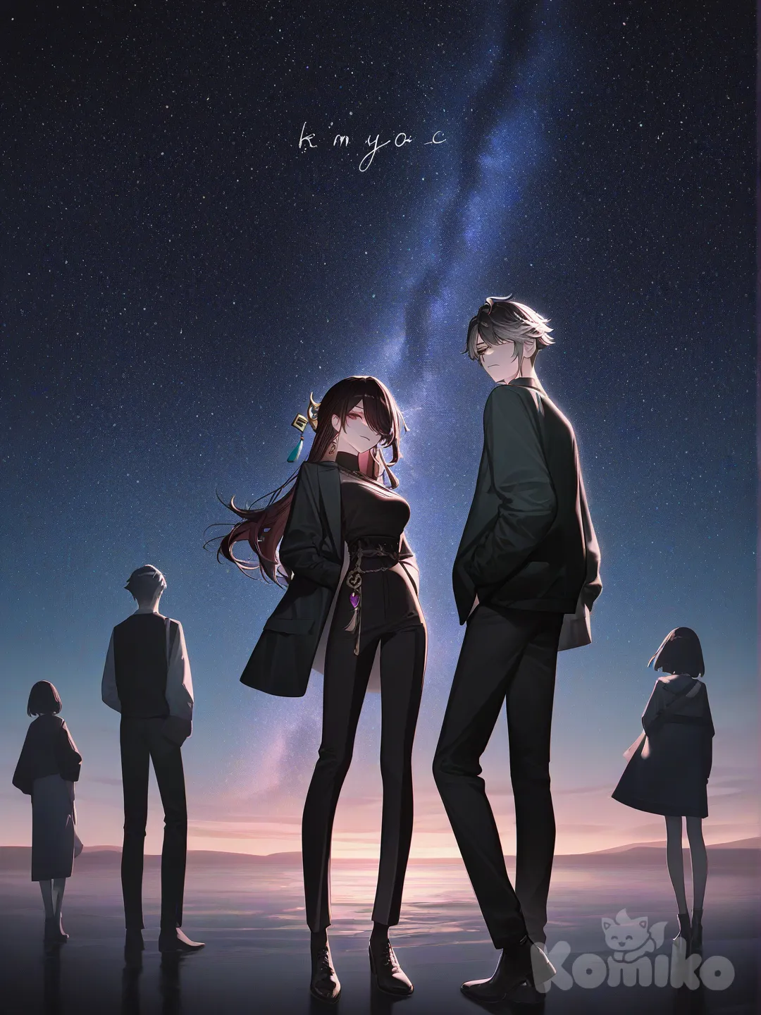 1boy, 1girl, 2people, @Beidou_(Genshin_Impact), @Alhaitham_(Genshin_Impact), [high-contrast-glossy-style], full body, twilight, night, white background