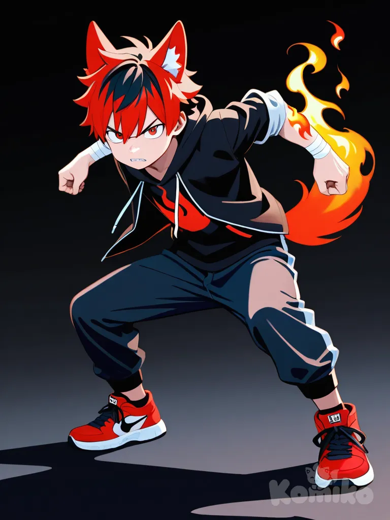 1adolecente,(lobo) tail,(rojo)eyes,(negro y rojo)hair,sudadera negra remangada y abierta,con bendas en los brazos,fuego en los brazos,enojado,zapatillas rojas,genial y sombrio