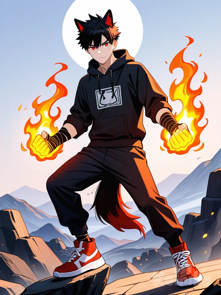 1boy,(lobo)tail,(rojo),pelo negro con puntas rojas,sudadera negra,vendas en las manos y antebrazo,con fuego en los puños,colmillos,zapatillas rojas con negro,serio