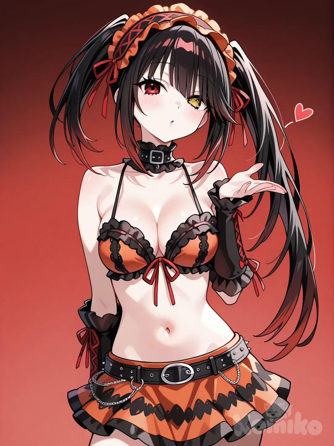 tokisaki kurumi,puntas rojas en el pelo,con bikini sexy arriba y mini falda abajo,enviando un beso