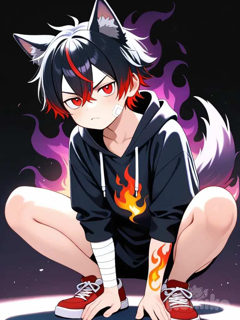 1adolecente 22 años,(lobo) tail,(rojo)eyes,(negro y rojo)hair,sudadera negra remangada y abierta,con bendas en los brazos,fuego en los brazos,enojado,zapatillas rojas,genial y sombrio