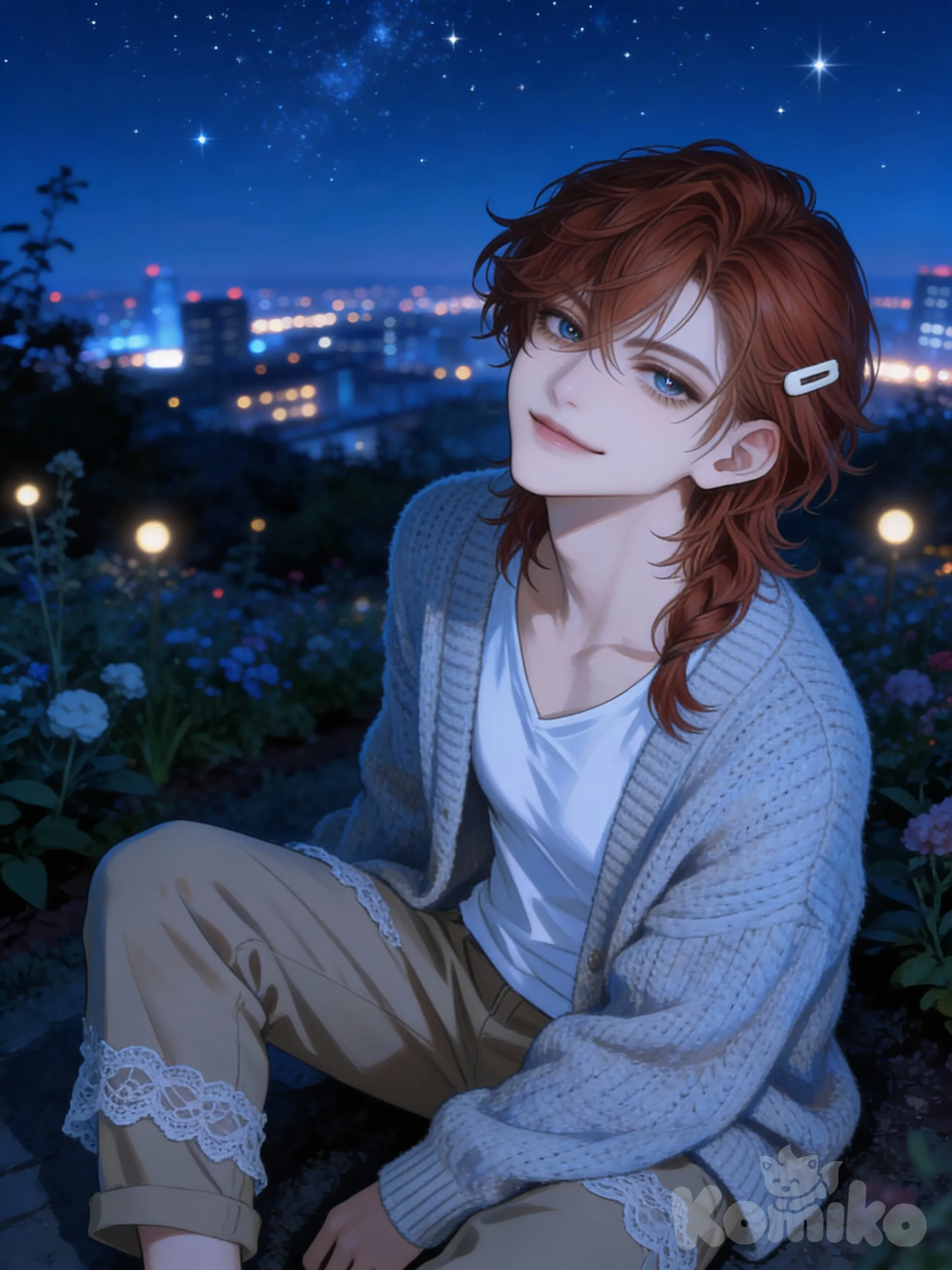 @roman-bve1, sitting on the ground, head tilt, smile, knitted cardigan, t-shirt, casual pants, lace, hairpin, side part, klein blue, ivory white, khaki, looking at viewer, upper body, from above, side light, city lights, twilight, garden, starry sky