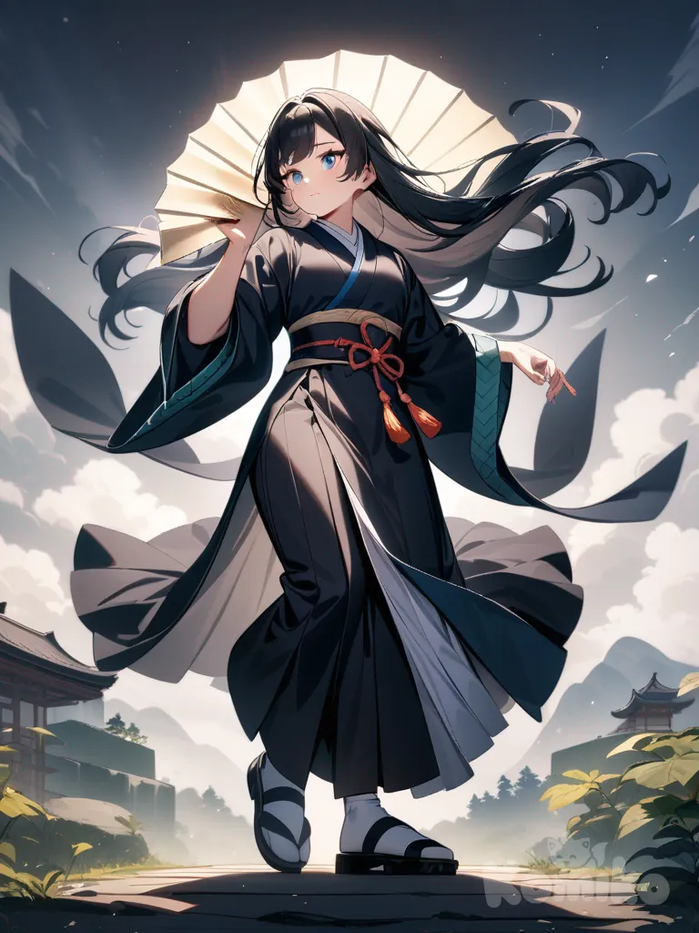 create a demon girl in the style of anime demon slayer with black long hair, deep blue kimono an shiny fans in both hands, her eyes are gray-blue, classic japanese shoes