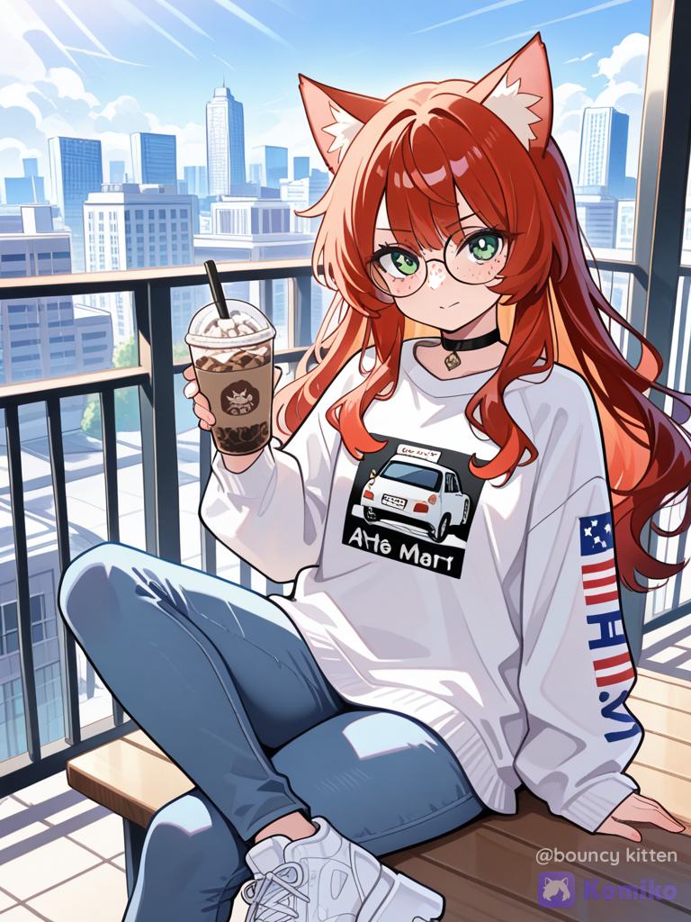 [glossy-anime-style], (top quality, official art:1.2), 1girl, nekomimi, cat girl, fluffy red cat ears, long wavy red hair, full bangs, side parting, green eyes, wearing round wire-rimmed glasses, cute freckles, looking at viewer, serious yet confident expression, slight smile, seated posture, legs crossed, wearing an oversized grey V-neck sweatshirt, 'RF W' text on sweatshirt, small American flag patch on sweatshirt, light wash blue jeans, white chunky platform sneakers, black choker, holding a plastic cup of iced coffee with a dome lid and straw in right hand, giving peace sign with left hand, seated on a dark metal lattice patio chair, outdoor rooftop balcony setting, sunny day, direct sunlight, sharp shadows, complex background of city buildings, parked cars, silver minivan, a building sign with 'SHOE MART' text in the distance, electrical wires, clean lineart, vibrant anime style, coloring
