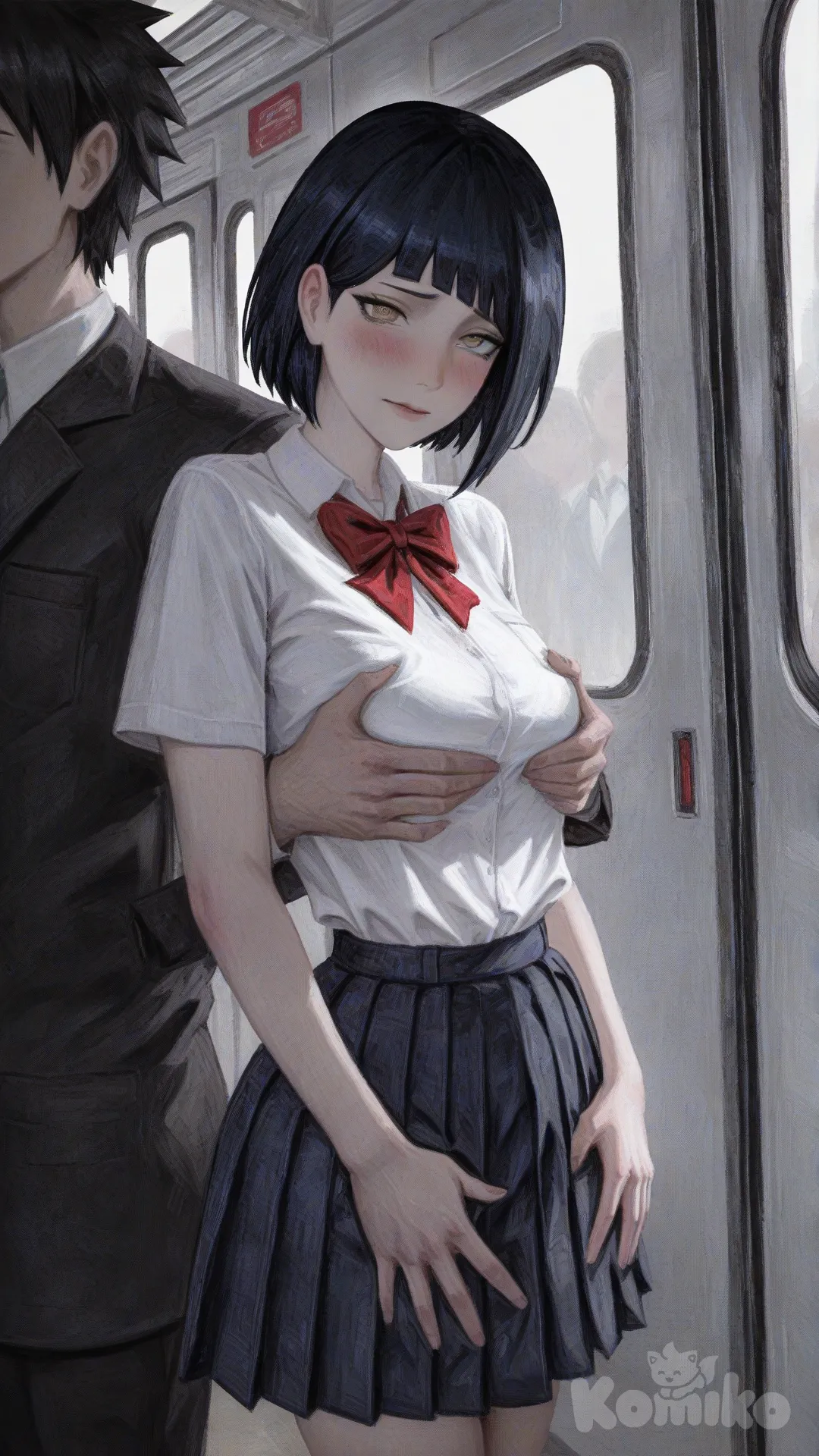  short dark hair, slender thin body, medium size boobs, being grouped on a train, [gothic-oil-painting-style]
