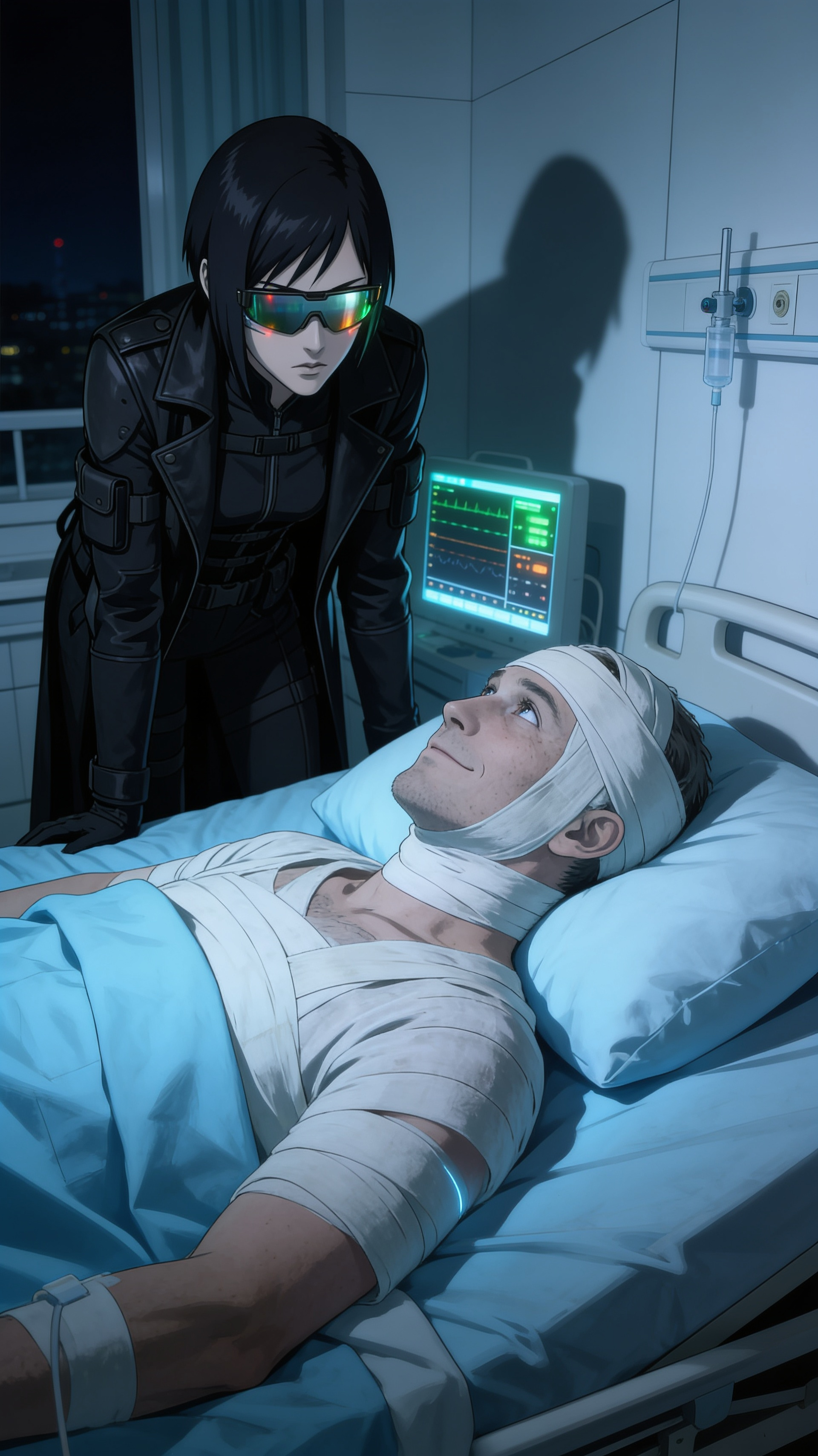 @nita-O2fr A dimly lit hospital room at night, sterile white walls and pale blue bedding illuminated by the soft glow of monitors. A tall, imposing figure stands at the foot of the bed, wearing a long black leather duster over a sleek sneaking suit, dark hi-tech shades concealing her eyes. She leans forward slightly, her rigid posture and cold expression casting a sharp shadow across the bed. The patient lies propped against pillows, bandaged and weary, looking up at her with a faint, weary smirk. The atmosphere is tense and clinical, with the faint green and amber lights of medical equipment reflecting off the woman's shades.