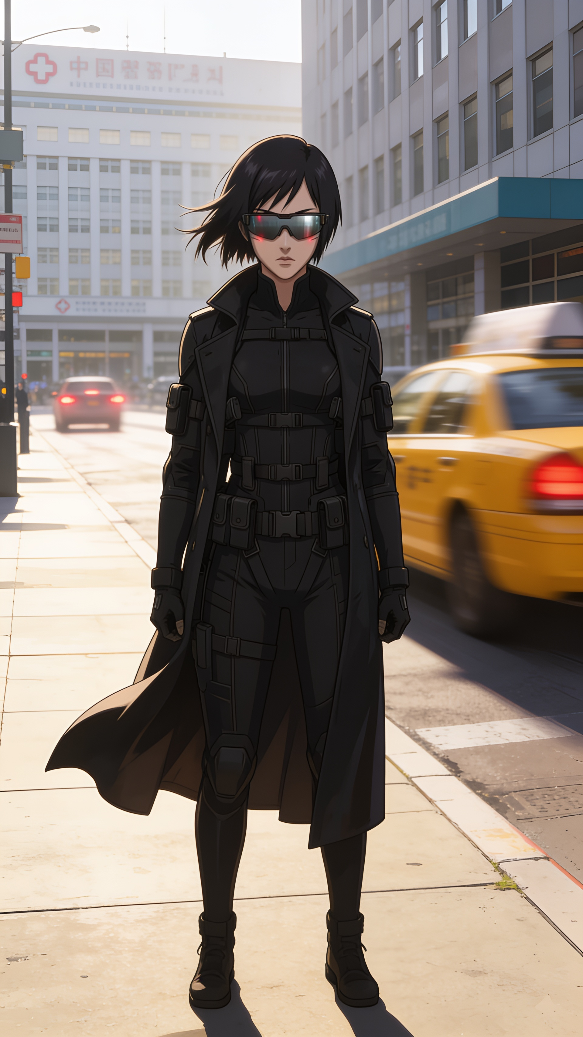 @nita-O2fr A solitary, imposing figure stands rigidly on a sun-drenched city sidewalk, her black Kevlar-lined suit and long leather duster stark against the pale morning light. Her face is an unreadable mask, eyes concealed by sleek, high-tech shades that glint coldly. Behind her, a yellow taxi blurs into the distance, its tail lights fading. The wind catches the hem of her coat as she turns sharply, her silver-chrome gaze fixed on an unseen destination, the sterile facade of the hospital looming in the background. The atmosphere is tense and isolating, capturing a moment of cold, mechanical purpose amidst the urban sprawl.