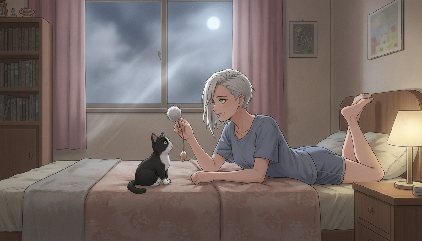 @nita-v20-tVIF, in her bedroom, the silver haired upgraded cyborg plays with her adorable tuxedo cat she found on the streets, teasing it with a toy and happily smiling as she lies on her bed tummy first. The cyborg woman is wearing casual night time wear while the cat looks at her with such curiosity, especially due to the cyborg woman's unnatural metallic chrome eyes. The room's ceiling light illuminated it with a worn out homeliness. Outside through the window, the sky is very foggy yet the moon cuts through with its nocturnal lighting.