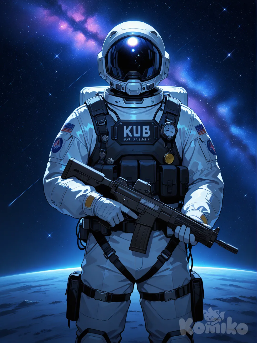 1boy, holding gun, spacesuit, cosmic background, starry sky