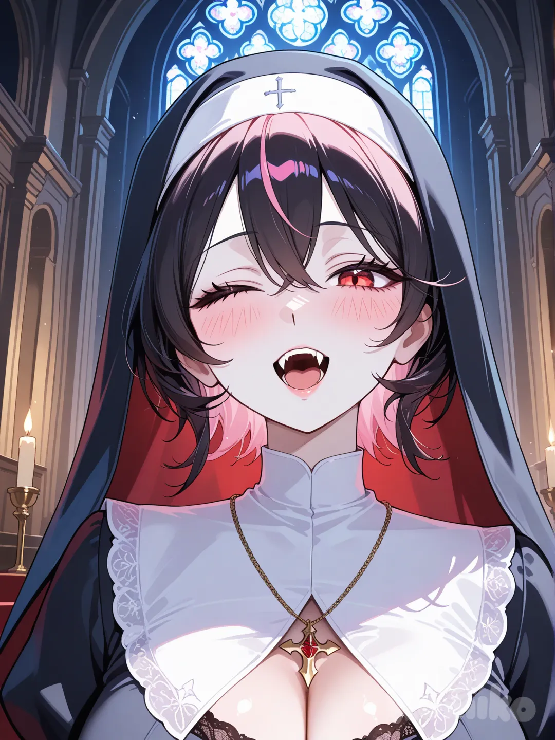 Frente a ella , @sister-elara-voss-18Vv, headshot, night, church, looking at viewer, open mouth, one eye closed, blush