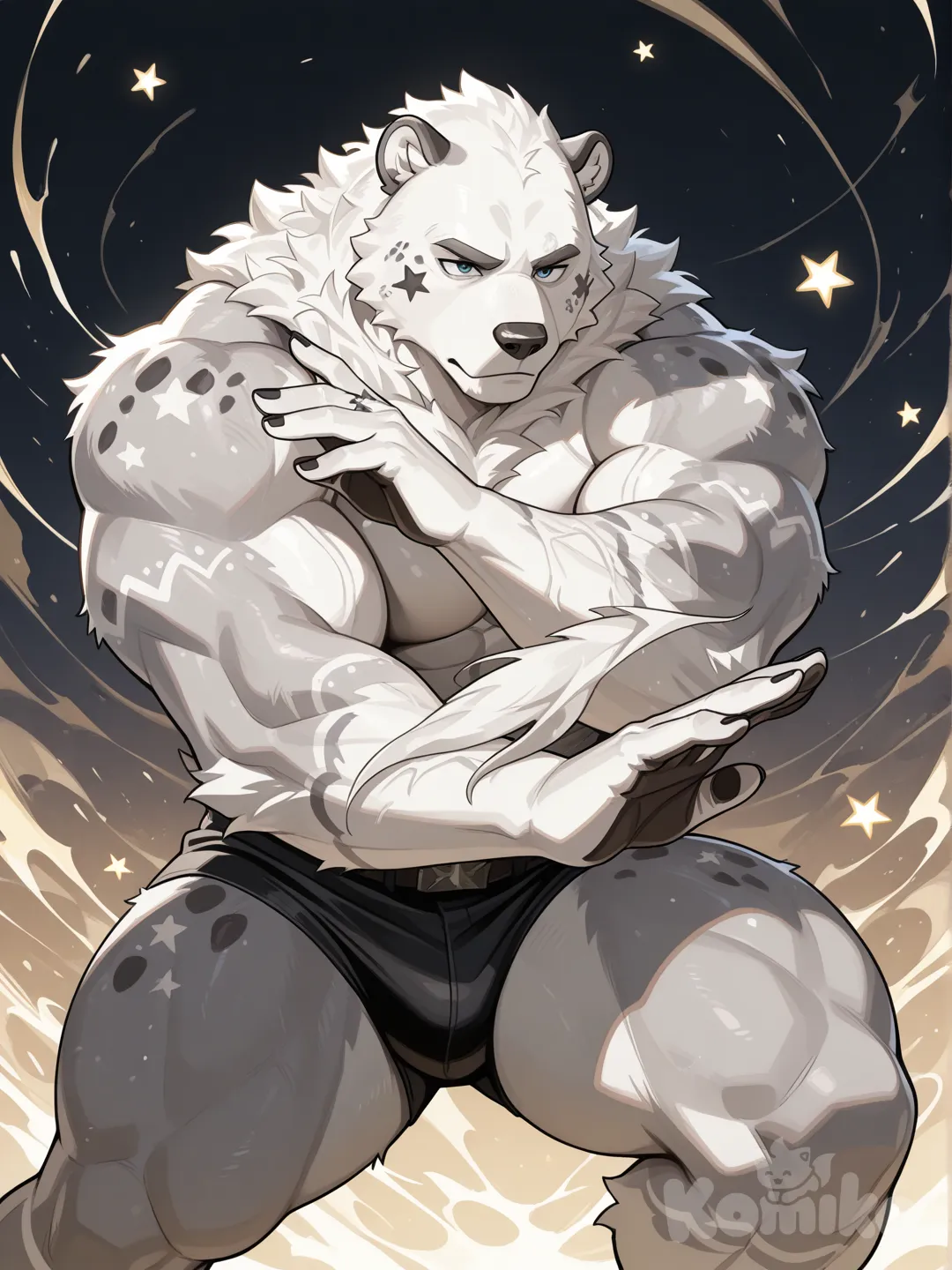 Oso antropomorfo grande color gris con manchas en sus brazos y pierna blanco y a su alrededor de cabeza con manchas blancas y con una posee fenomenal y un símbolo en su brazo antebrazo de estrella