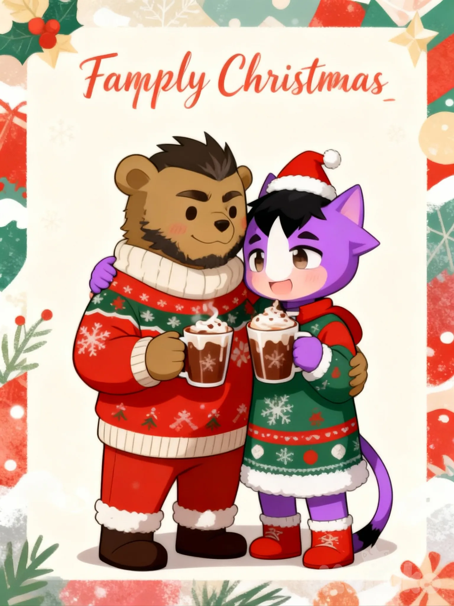 68 sin título_20251208004112 Dibujo fandom demis 2 personajes peludo lindo y lindo chibi con ropa navideña sosteniendo chocolate caliente, [estilo suave y peludo] fand abrazándose estilo artístico estilo carta con una frase de amor de padre e hijo una parte de arriba