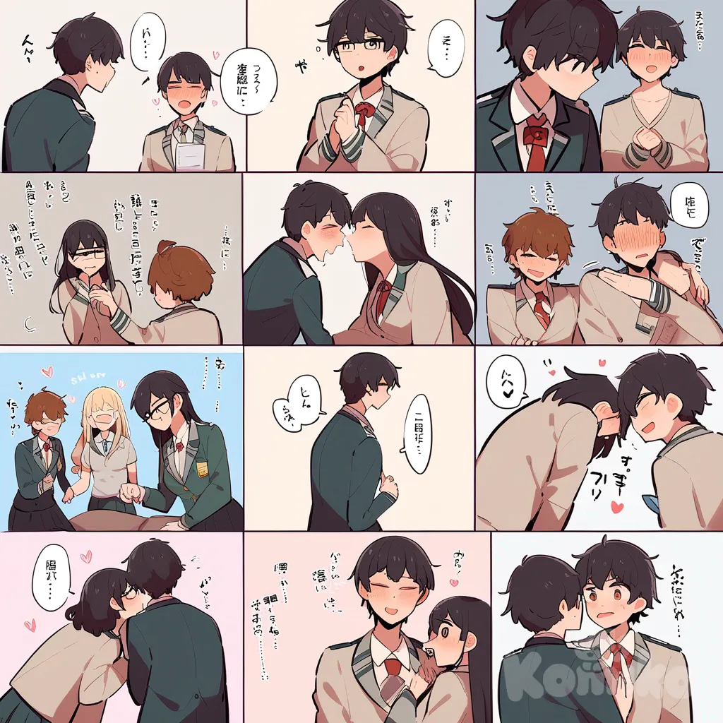 *Anime poster in the style of My Hero Academia, cinematic 16:9 aspect ratio, official season cover design. Split background: left side peaceful green forest with sunlight rays, right side burning forest with flames and smoke.

Center focus: Haru (OC, long light-red cherry hair over shoulders, yellow/white headband, golden brown eyes, UA school uniform without blazer, white shirt, red tie, green skirt, glowing prism light) and Katsuki Bakugo (spiky ash-blond hair, red eyes, UA uniform without blazer, sleeves rolled up). They are kissing each other lovingly and tenderly, eyes closed, blushing softly. Their bodies lean into each other with warmth and emotion. Around them, glowing prism light and small sparks form a radiant aura shaped like a heart, symbolizing love in the chaos.

Second row: Shoto Todoroki (red/white hair, heterochrome eyes, blue training suit, half ice half fire), Auri (OC, long cobalt blue hair, light blue eyes, UA uniform with red tie and green skirt, gray scarf, floating mirror shards and shadows, serious expression), Izuku Midoriya (green messy hair, freckles, green eyes, damaged training suit, determined stance).

Background villains: Dabi (black spiky hair, purple burned skin with stitches, turquoise eyes, black coat, blue flames), Himiko Toga (blonde hair buns, yellow eyes, bloody smile, knife), Mr. Compress (mask, top hat, red cloak, holding a glowing marble), Spinner (reptilian skin, blades).

Atmosphere: left side hopeful in blue and green tones, right side chaotic with red and orange fire. Manga sound effects “BOOOM” and “KRRASSH” in the background. Highly vibrant anime art, official key visual style, dynamic poses, glowing dramatic lighting. Romantic and heroic at the same time.*with ly Hero Academia logo