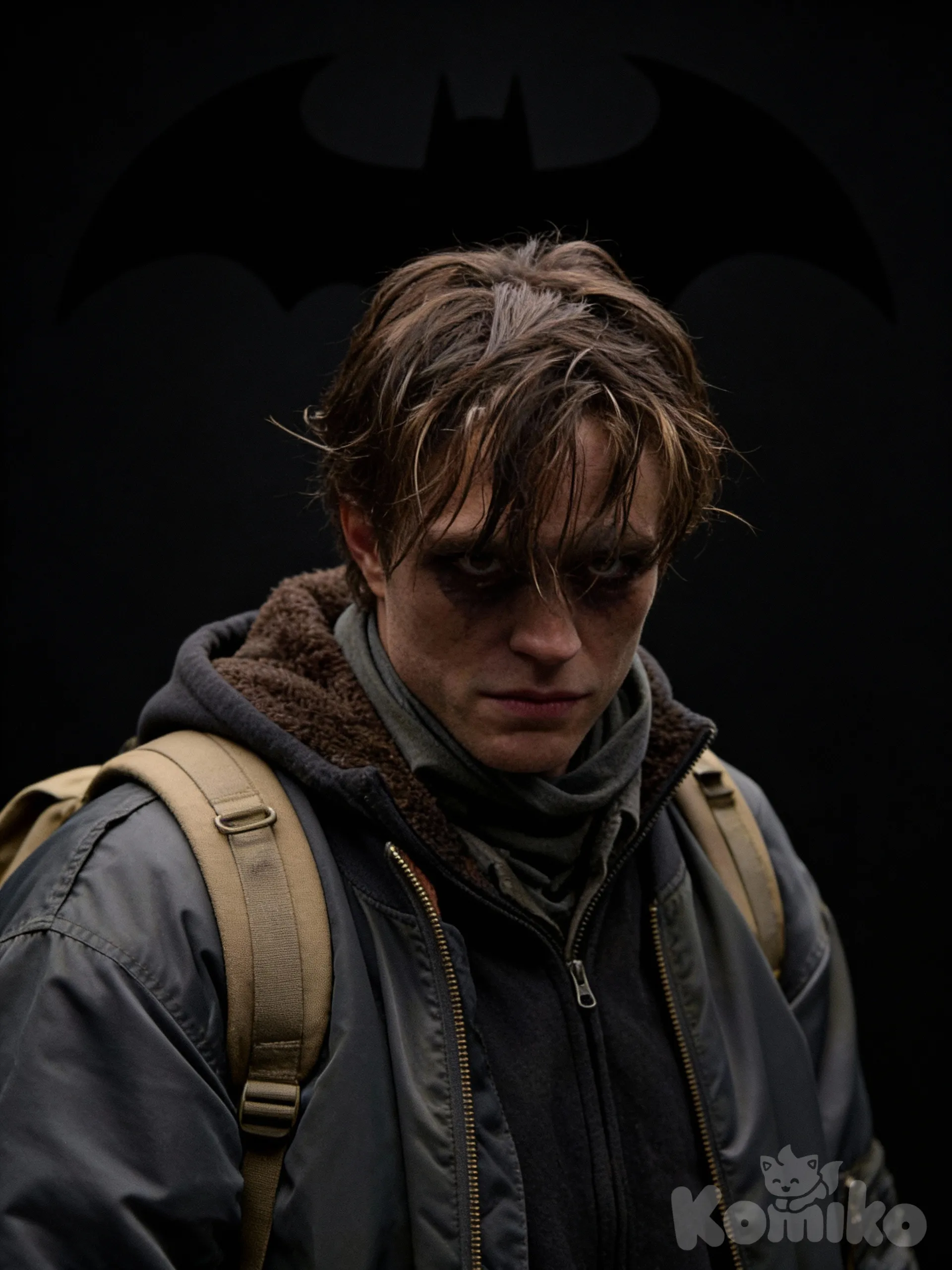 Mirando a la cámara con un fondo del logo de Batman