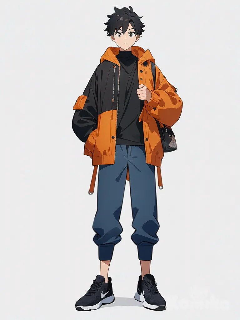 1boy, black hair, orange jacket, blue pants, black shoes, male, black eyes, single character, full body, looking at viewer, anime style, simple background, white background