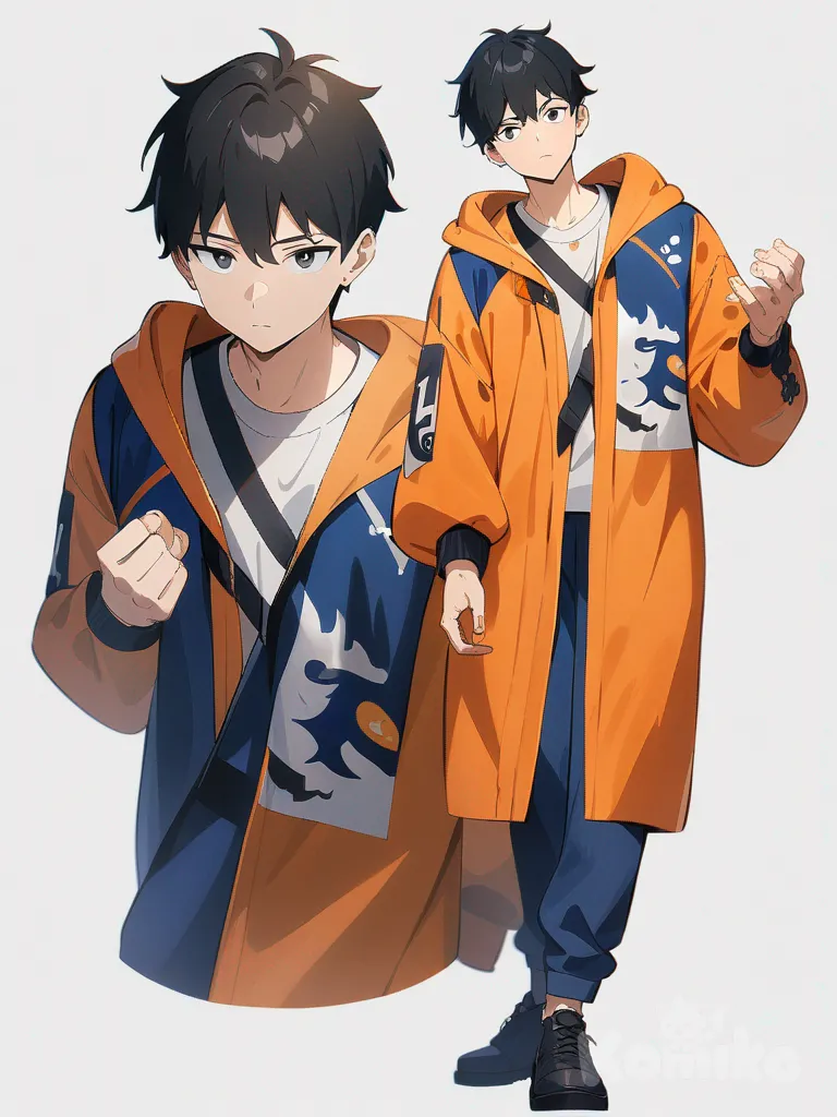 1boy, black hair, orange jacket, blue pants, black shoes, male, black eyes, single character, full body, looking at viewer, anime style, simple background, white background