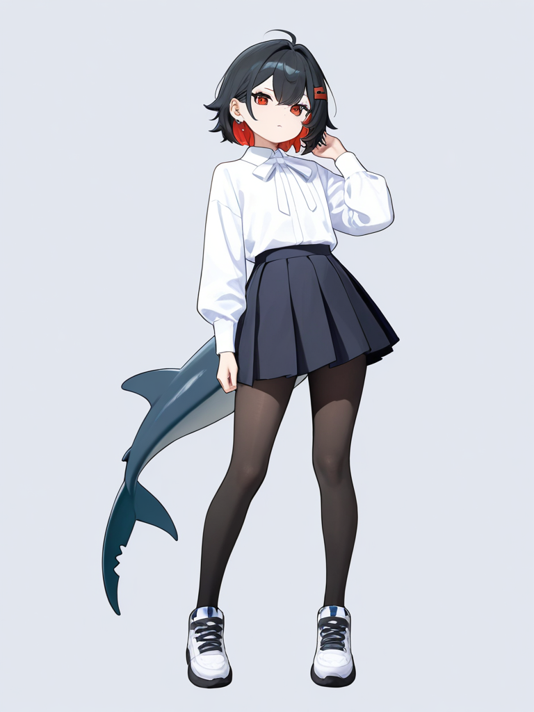 1girl, short hair, black hair, inner red hair streaks, hairclip, white blouse, dark pleated skirt, black tights, large shark tail, white markings on tail, zenless zone zero, single character, full body, looking at viewer, simple background, white background