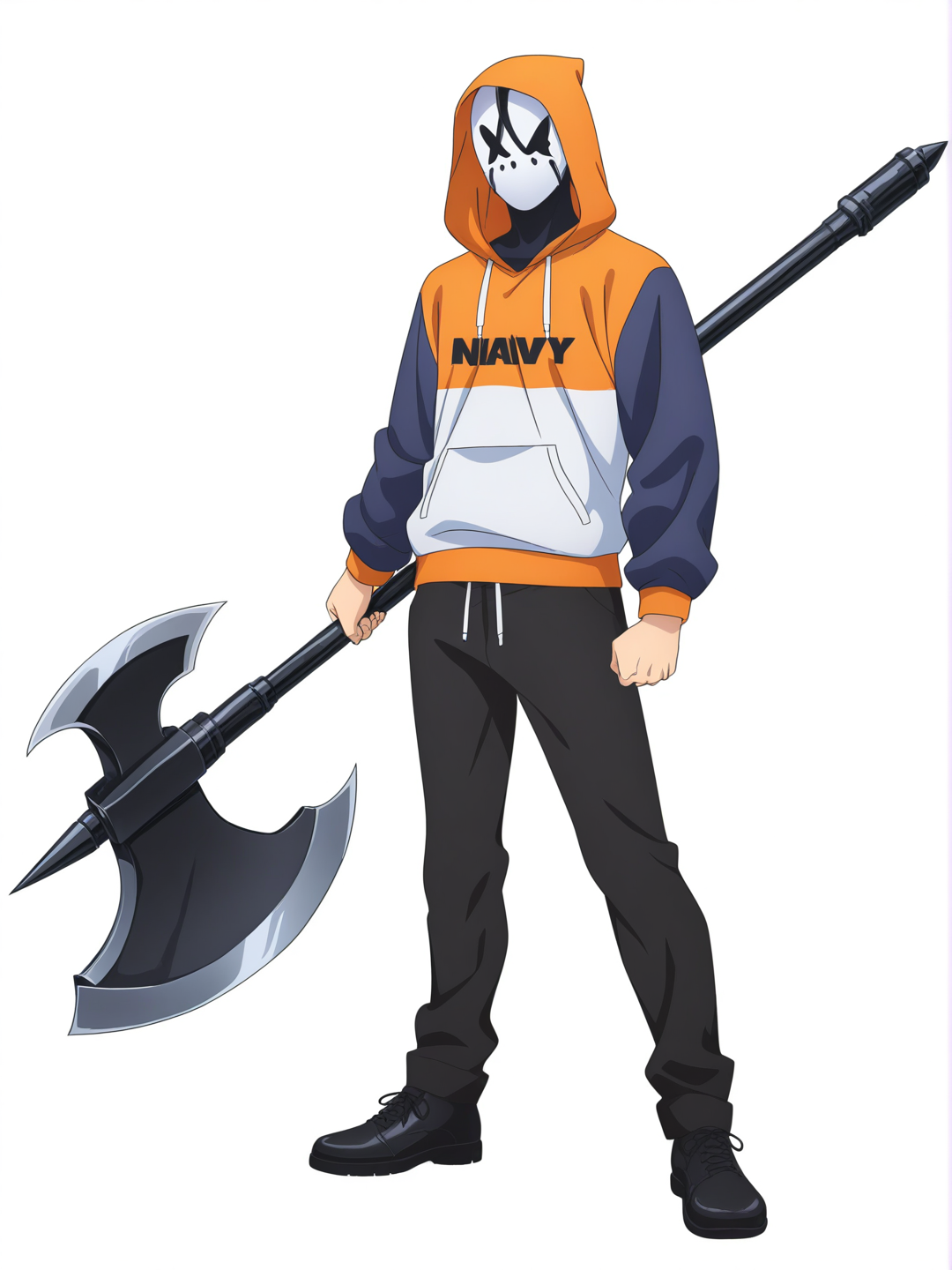 [pop-anime-style] 1boy, simple white full-face mask, x-shaped eyes, small curved smile, mask covers entire face, no visible human face, tri-color hoodie, orange hood and top, grey middle panel, gothic text on chest, navy blue sleeves and bottom, white drawstring, street style, black pants, black shoes, holding giant axe, axe weapon, masked warrior, forest background, single character, full body, looking at viewer, anime style, simple background, white background