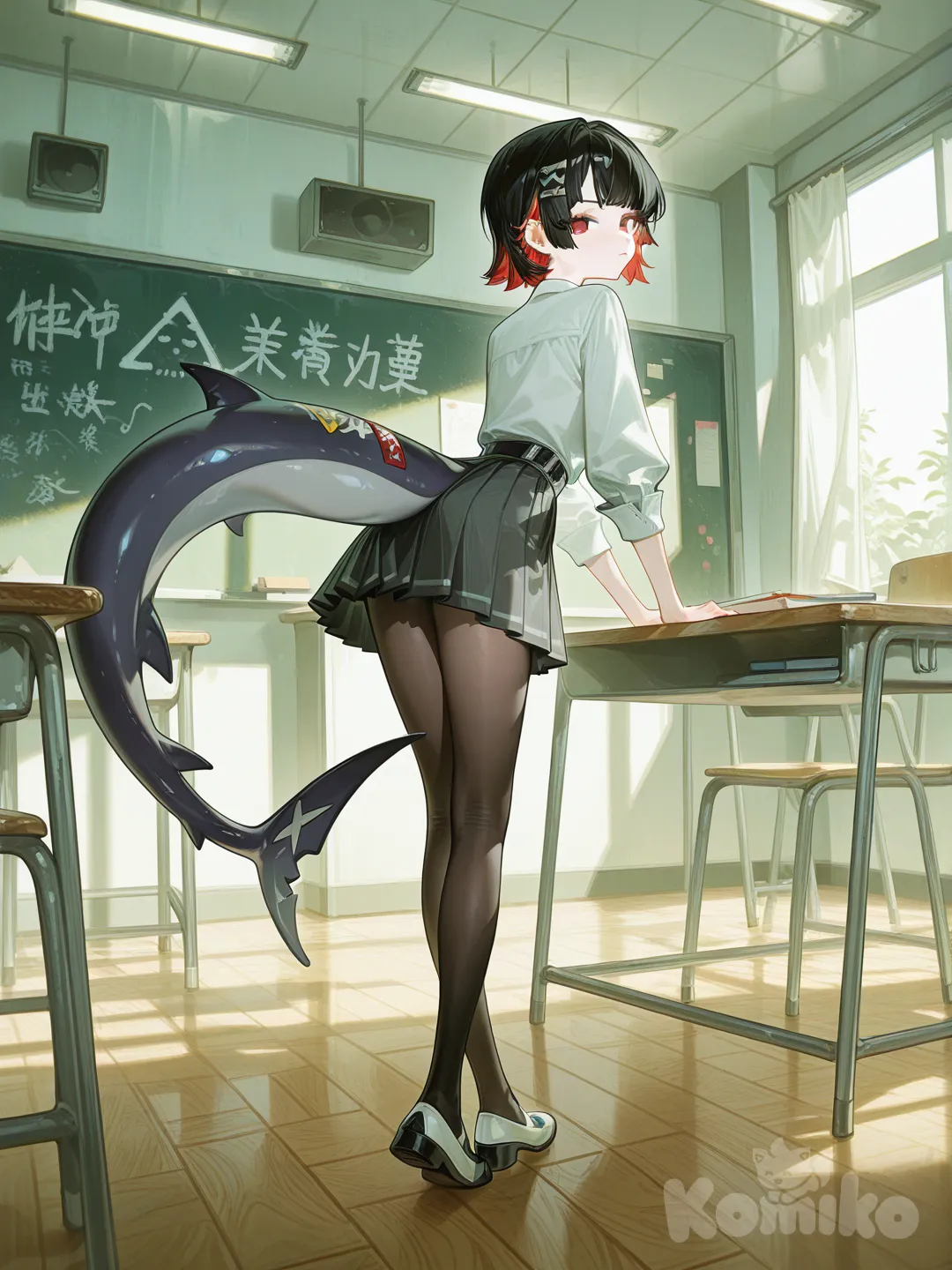 [high-gloss-illustration-style], classroom, @ellen-joe-sJGO, looking at viewer