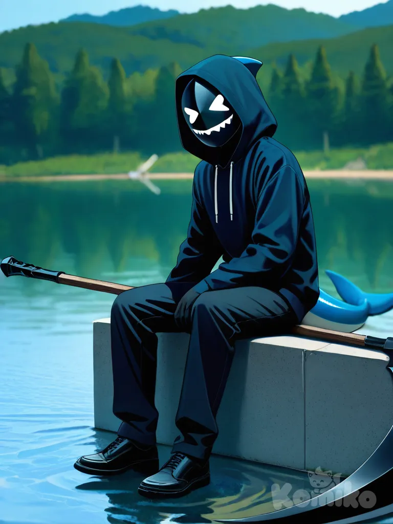 1boy, black hoodie, hood up, black mask, glowing eyes, x shaped eyes, smiling mask, black pants, black shoes, shark tail, holding scythe, dark clothing, gloves, lake, sitting on the ground