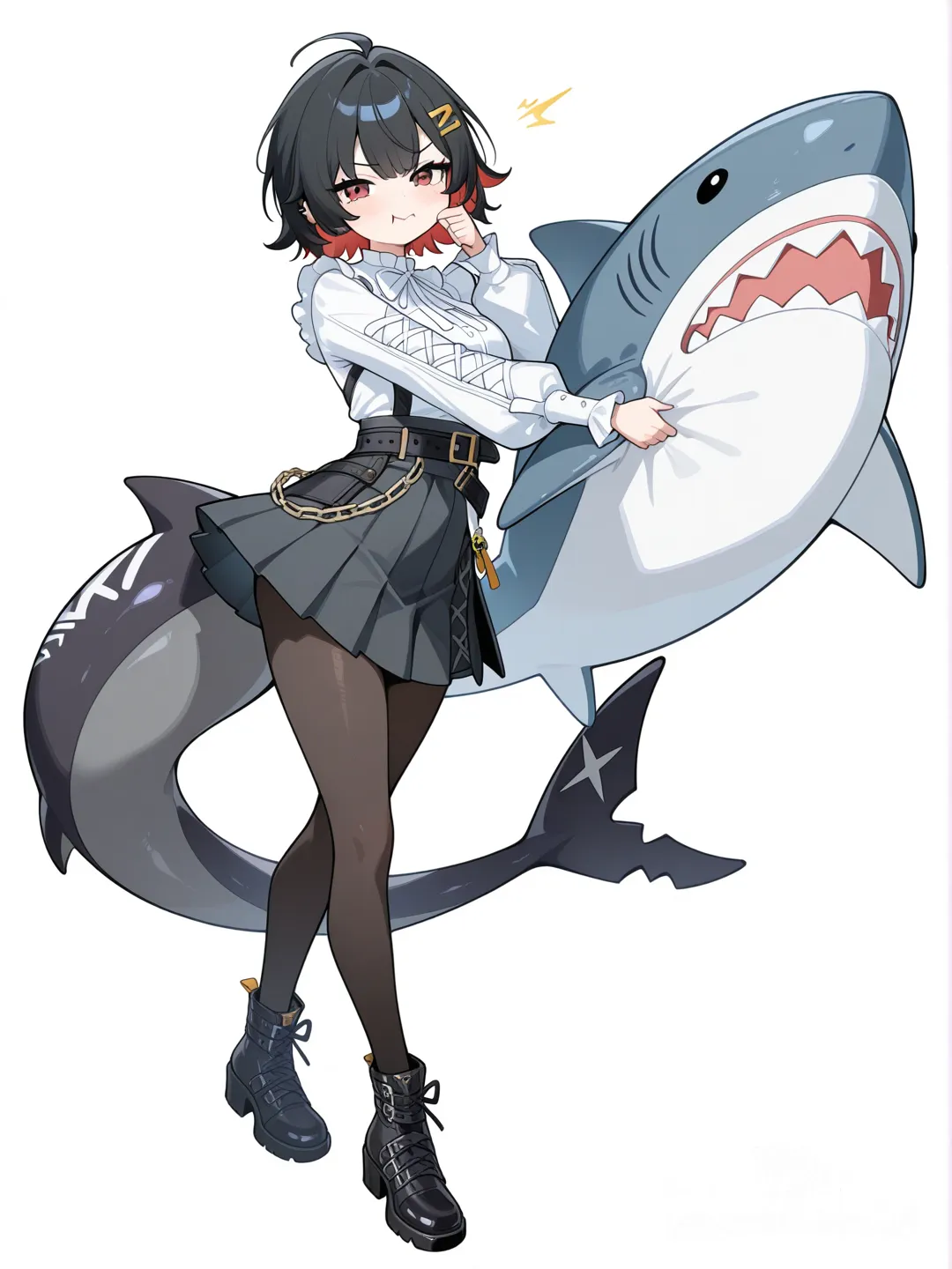 [glossy-anime-style], 1girl, short hair, black hair, inner red hair streaks, hairclip, white blouse, dark pleated skirt, black tights, large shark tail, white markings on tail, zenless zone zero, single character, full body, looking at viewer, simple background, white background, face pinching, headshot