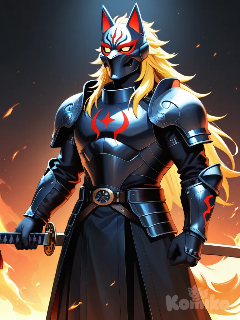 1boySamurai warrior wearing a white kitsune mask with red markings, dressed in black and red traditional armor, holding a katana sword, anime style, highly dramatic lighting