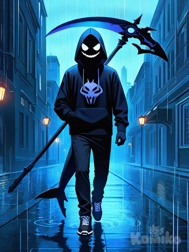 1boy, black hoodie, hood up, black mask, glowing eyes, x shaped eyes, smiling mask, black pants, black shoes, shark tail, holding scythe, dark clothing, gloves, rainy, cityscape