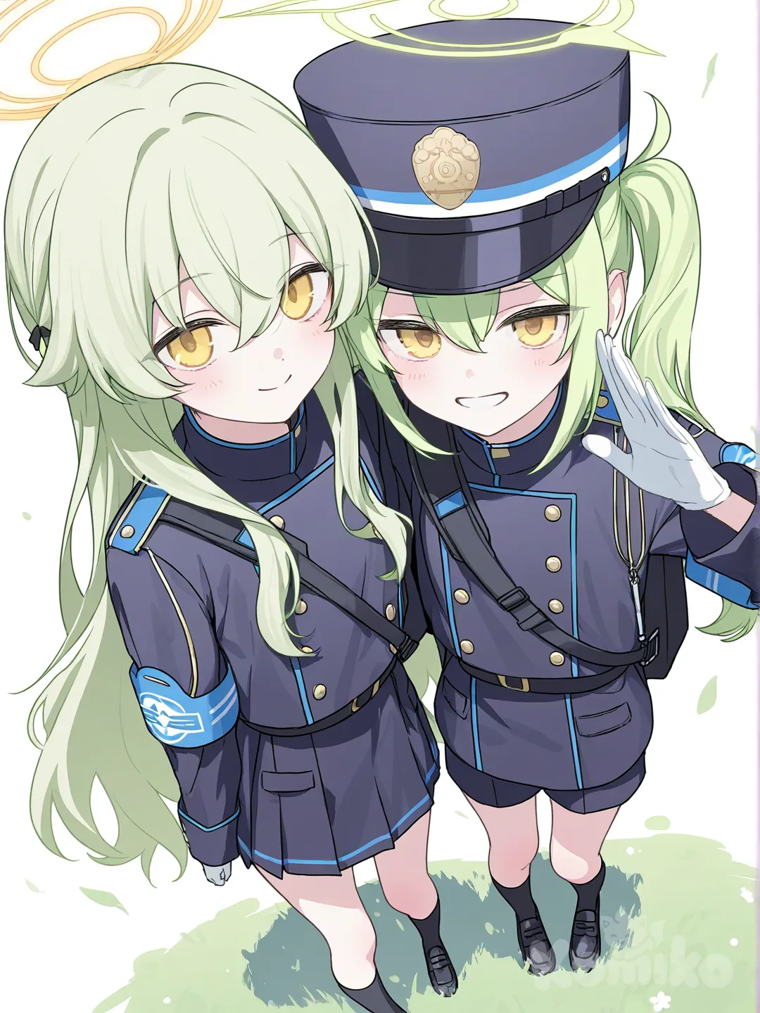 [soft-pastel-style], 2girls, 1girl, long_hair, green_hair, golden_eyes, dark_blue_uniform, shorts, white_gloves, black_shoes, peaked_cap, gold_emblem, glowing_green_halo, saluting, smile, blue_archive, single_character, full_body, looking_at_viewer, anime_style, simple_background, white_background, 1girl, long hair, green hair, golden eyes, dark blue uniform, double breasted coat, pleated skirt, short skirt, peaked cap, gold emblem, white gloves, armband, belt, shoulder strap, black socks, black loafers, glowing halo, green halo, gathering together, grassland, looking at viewer