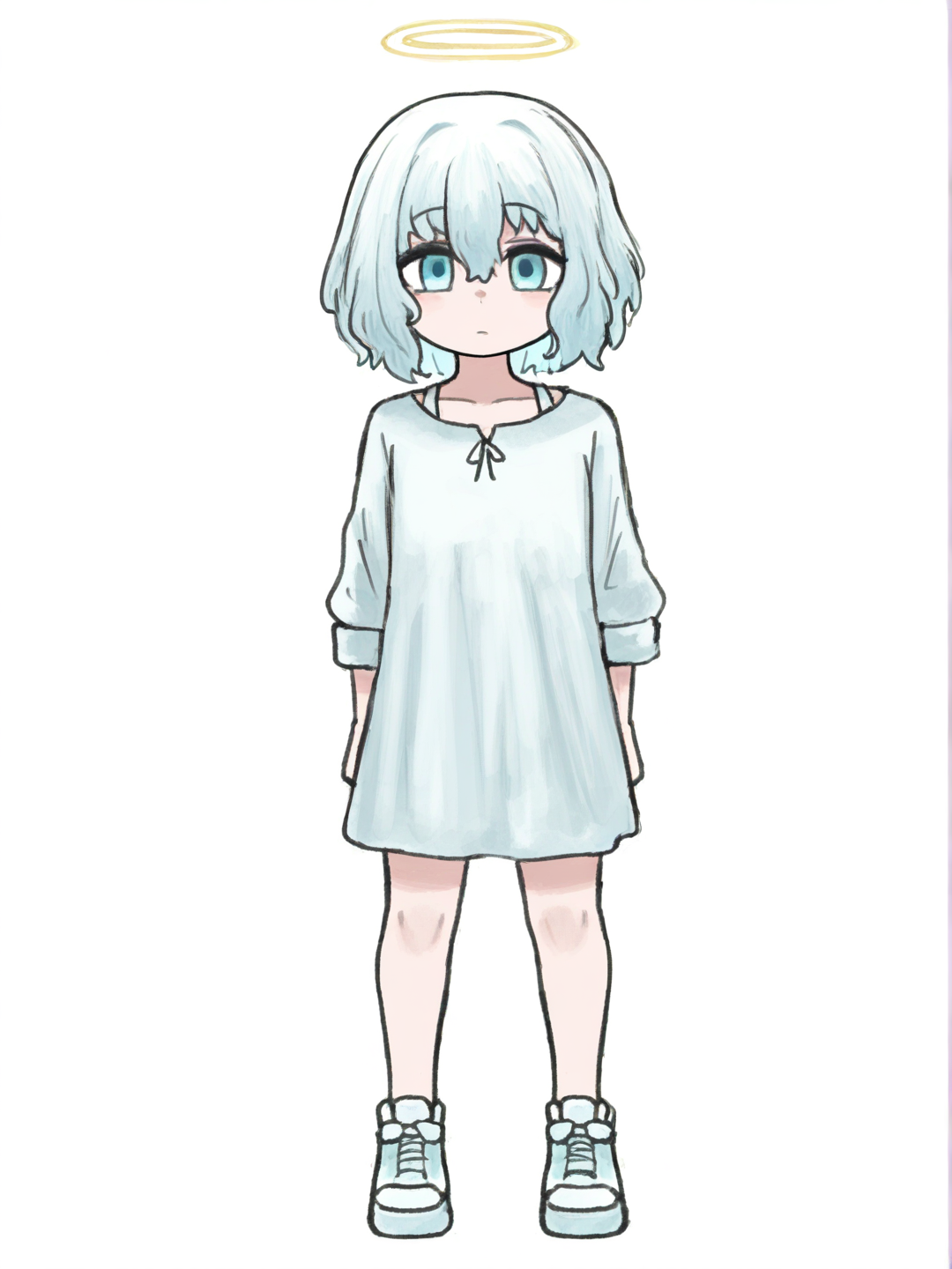[sketchy-painterly-style] 1girl, angel, child, short, blue eyes, dimple, single character, full body, looking at viewer, anime style, simple background, white background
