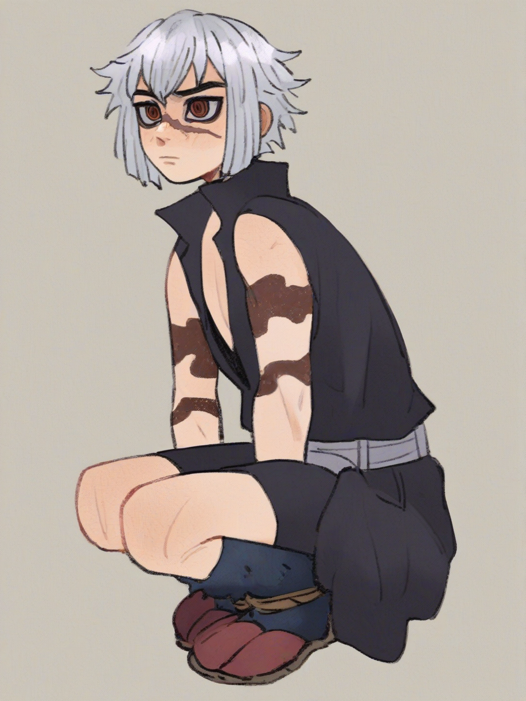 [soft-shaded-moe-style] 1boy, silver_hair, red_eyes, scar, child, tall, demon slayer style, single character, full body, looking at viewer, simple background, white background