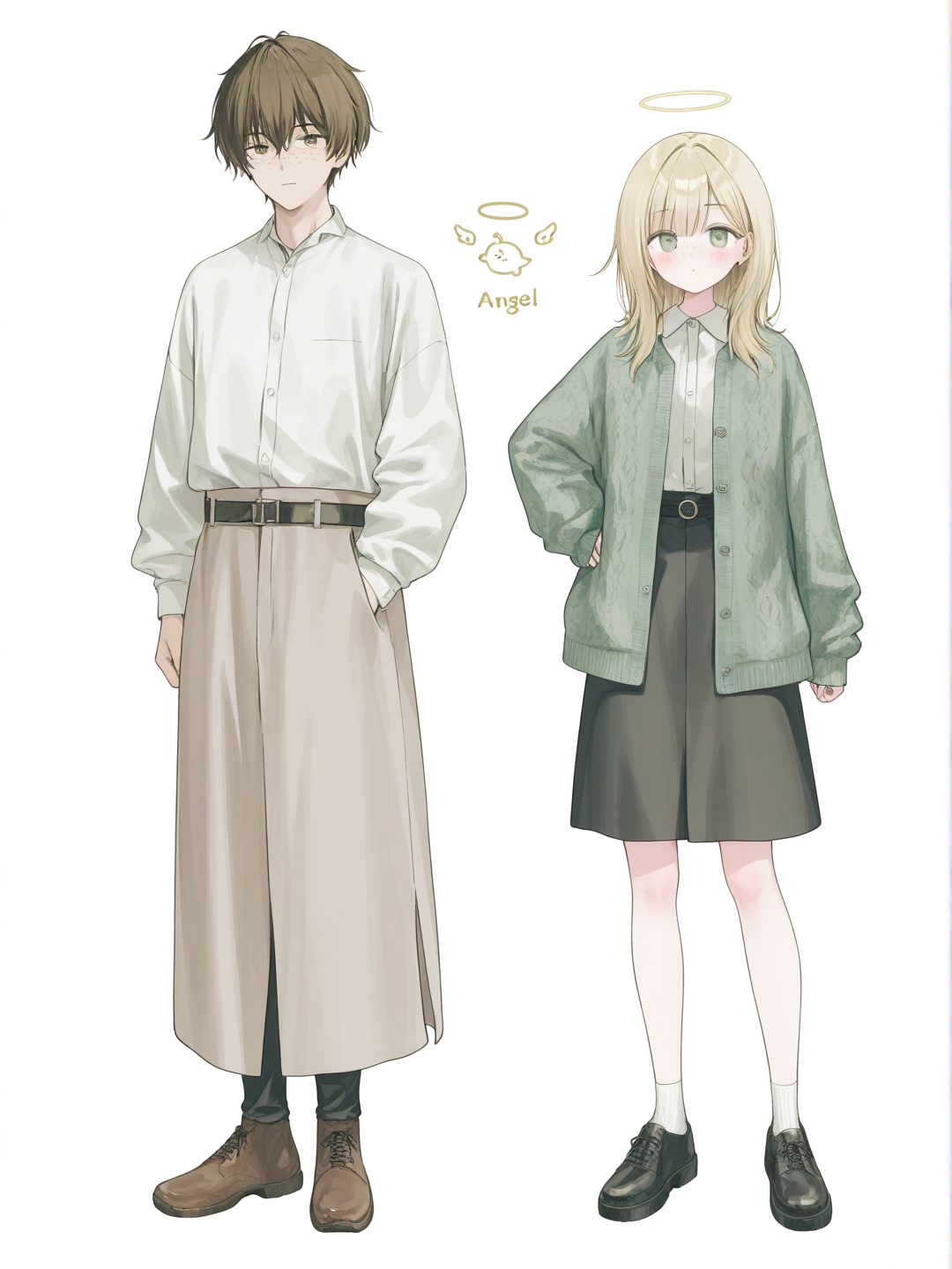 [soft-pastel-style] 1girl, 1boy, angel, demon, mature, tall, short, brown_hair, blonde_hair, brown_eyes, green_eyes, freckles, full body, looking at viewer, anime style, simple background, white background