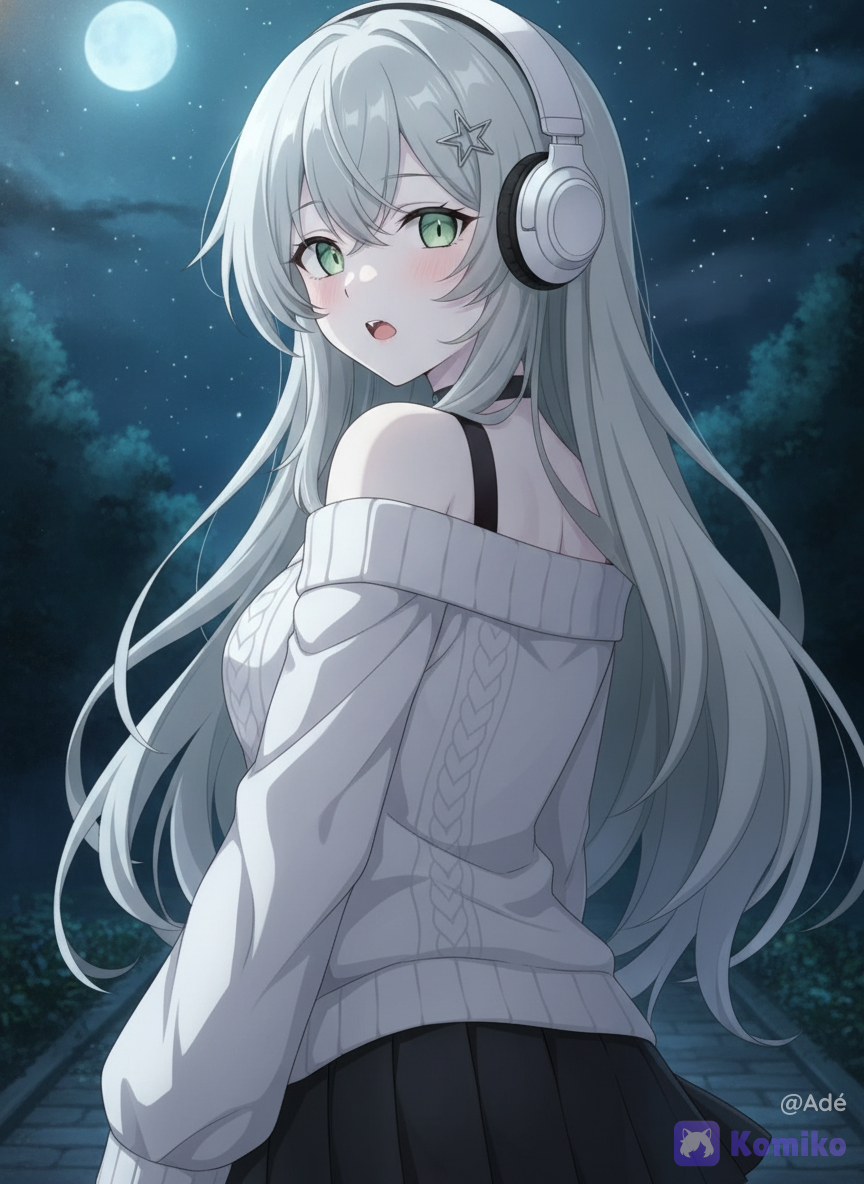 @kanae-CpDn, off-shoulder sweater, pleated skirt, hair clip, headphones, blush, over-the-shoulder shot, choker, night, sky
