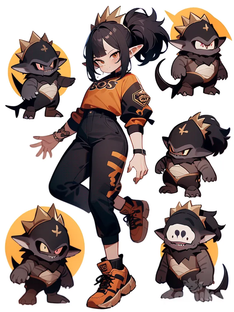 helluva boss oc, shark demon, bone themed clothes, long black hair, amber eyes, light brown scales, fins, very dark stripes, Dragon Ball, tall, scar, tattoo, freckles, single character, full body, looking at viewer, simple background, white background