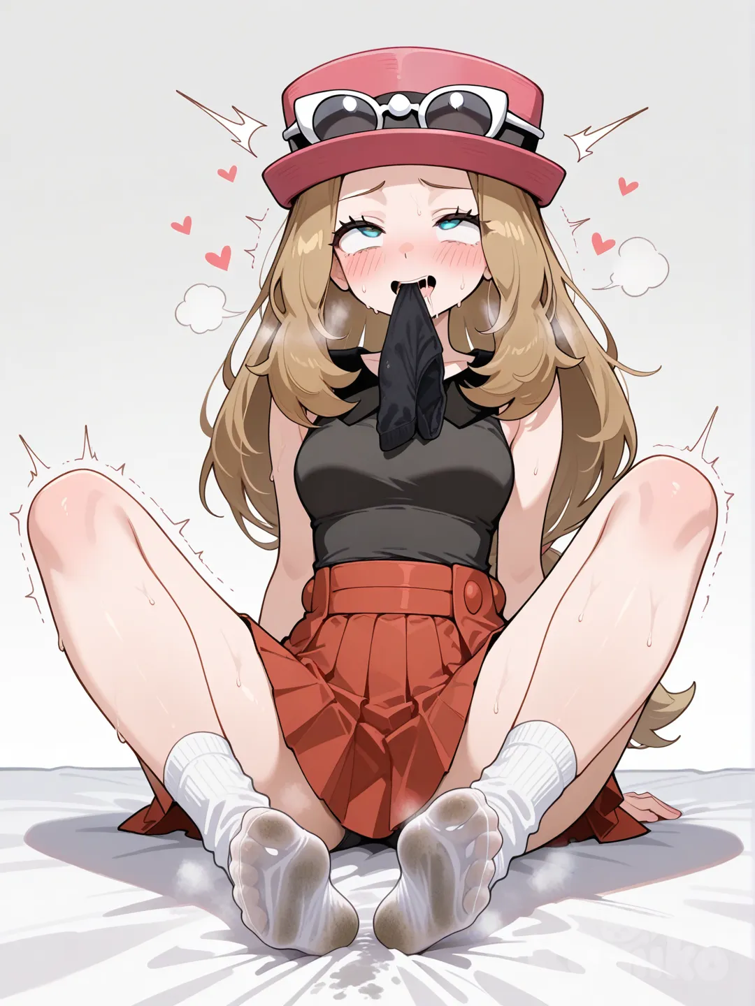 Feet, stile, bare feet, without shoes or boots ,1girl, serena(pokemon), pink hat, black shirt, sleeveless, red skirt, pleated skirt,socks in mouth, (see description for more details),sloppy sativa,drooling,smelly socks stinky sweaty sock smell in air,discusting smell in mouth,barefeet no Boots ir socks on feet,barefeet,feet