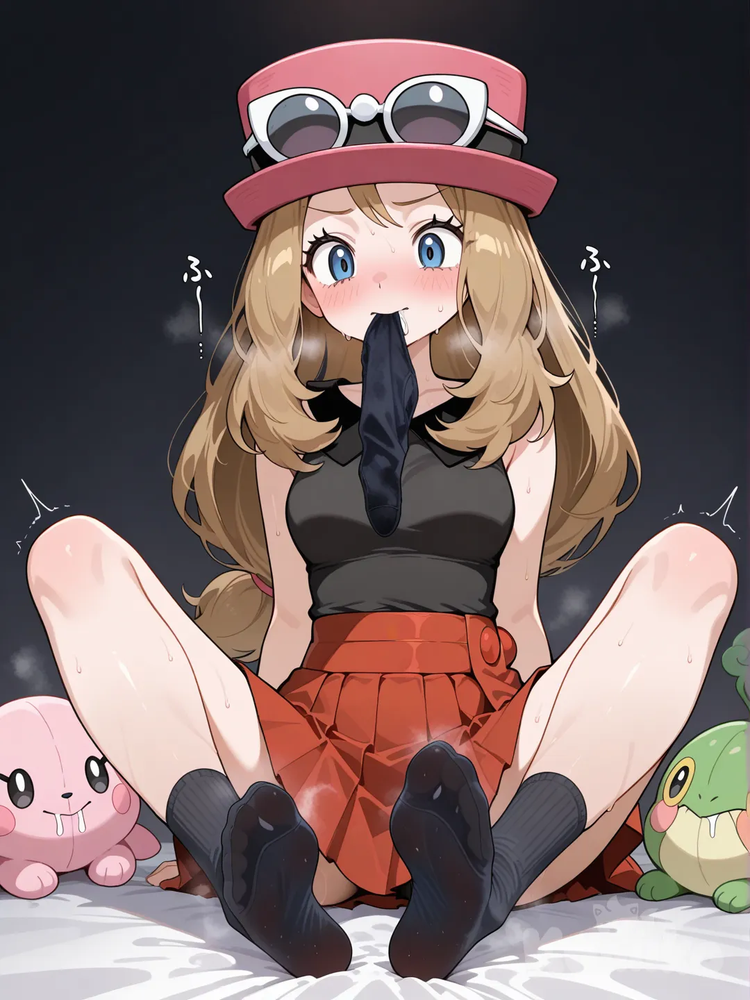 Feet, stile, bare feet, without shoes or boots ,1girl, serena(pokemon), pink hat, black shirt, sleeveless, red skirt, pleated skirt,socks in mouth, (see description for more details),sloppy sativa,drooling,smelly socks stinky sweaty sock smell in air,discusting smell in mouth,barefeet no Boots ir socks on feet,barefeet,feet,full mouth from socks bite socks