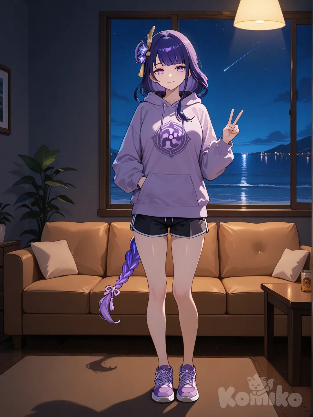 @Raiden_Shogun, v sign, hoodie, beach shorts, full body, night, living room