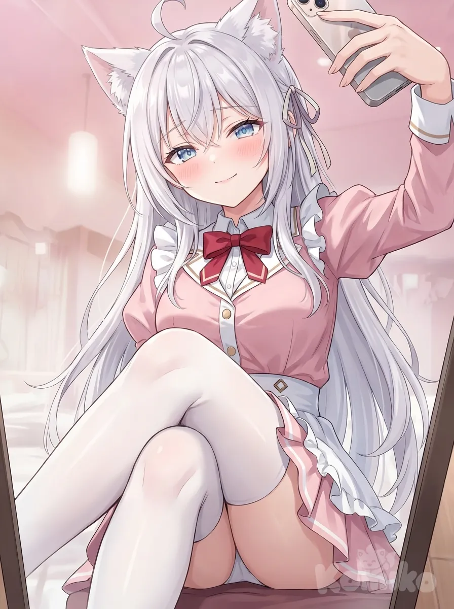 Alya la personaje femenina con orejas de gato y sentada mientras se saca una foto de abajo cruzando la pierna con una leve sonrisa y un poco sonrojada con el pelo suelto y un moño en la cabeza del lado izquierdo